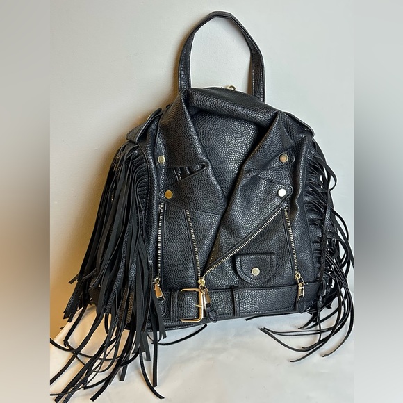 Handbags - Edgy Black Leather Backpack with Fringe and Gold Hardware